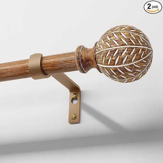 2 Pack Imitation Wood Grain Ball Curtain Rods for Windows 48 to 84 Inch,1 Inch Heavy Duty Adjustable Wood Curtain Rod,Boho Decorative Drapery Rods Set with Brackets,Size:36''-88''