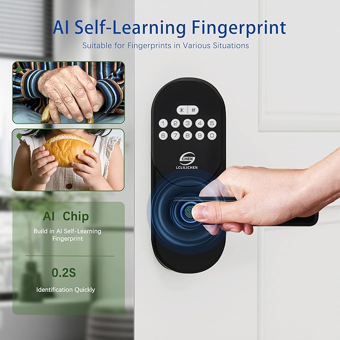 Keyless Entry Door Lock with Handle, Smart Fingerprint Deadbolt, APP Control & Keypad Password Unlock for Front Door, Home, Apartment