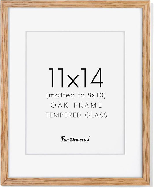 Fun Memories 11x14 Picture Frame, Solid Oak Wood 11 x 14 Photo Frames for Wall, 11 by 14 Frames with Tempered Real Glass, 11x14 Picture Frame with Mat for 8x10, Wooden Wall Gallery 11 x 14 Frame Set