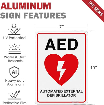 T&R AED Sign - 2 Pack - 10 x 7 Inches Rust Free .040 Aluminum -Reflective, UV Protected, Waterproof, Weatherproof and Fade Resistant - 4 Pre-drilled Holes