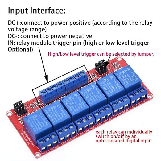 Relay Module with Optocoupler High/Low Level Trigger for Arduino (5, 5V Relay 6 Channel)