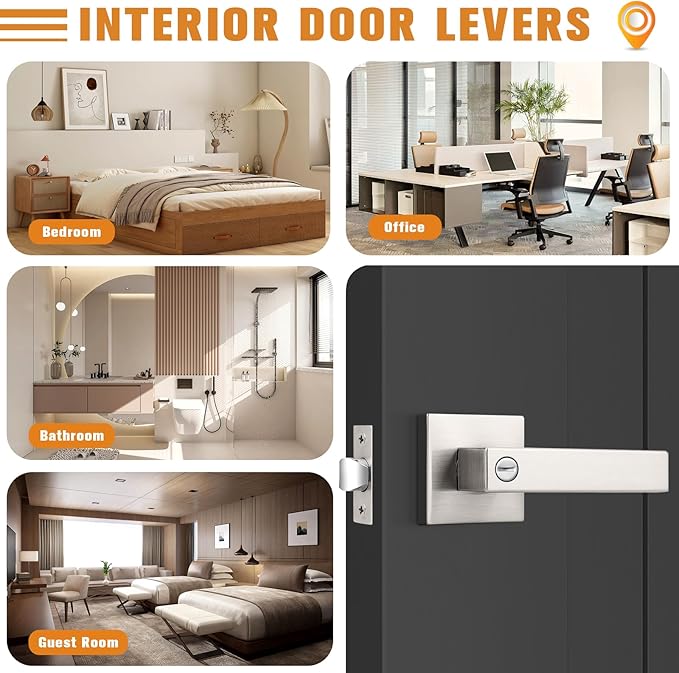 Probrico Interior Brushed Nickel Door Handle, Heavy Duty, Flat Square Privacy Door Handles, Keyless Door Levers Lockset for Bedroom and Bathroom (5 Pack, Modern)