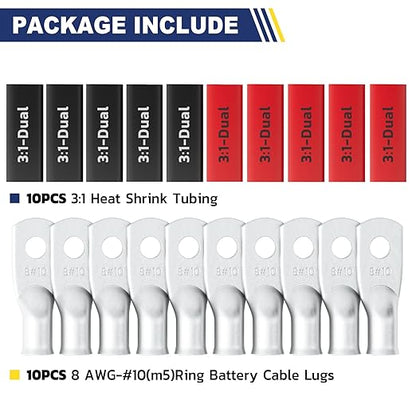 haisstronica 10pcs 8 AWG - #10 Tinned Copper Battery Lugs, Heavy Duty Copper Wire Lugs with 10pcs 3:1 Adhesive Heat Shrink Tubing, 8 Gauge Wire Lugs, Tinned Copper Battery Cable Ends