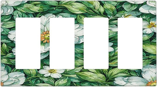 Vintage Floral White Flowers Green Plants Leaves Wallplates 4 Gang Quad Rocker Decorative Light Switch Covers Electrical GFCI Faceplate Switch Plate for Bedroom Bathroom Decor
