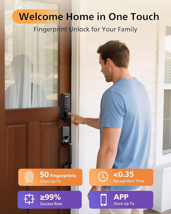 Philips WiFi Smart Keyless Entry Door Lock Deadbolt With Handle Set, Built-in WiFi, App Remote & Voice Control, Fingerprint Smart Lock For Front Door, Touchscreen Keypad Front Door Lock Set, Auto Lock