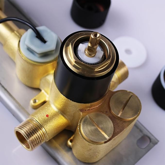 Matte Black Brass 4 Way Shower Diverter Valve Temperature Digital Display 4 in 1 Control Shower Mixing Valve Trim Kit Replacement, Flow Control