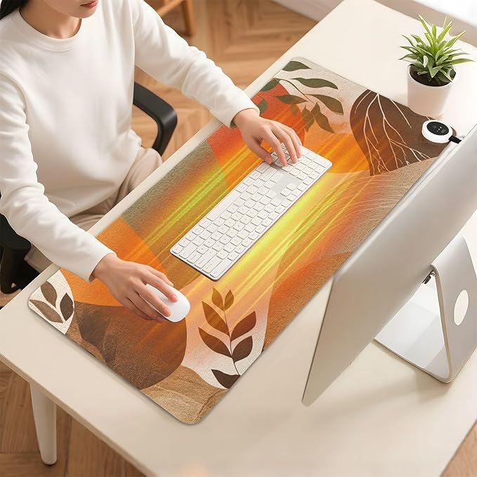 Heated Desk Pad Mouse Pad 31.5x13 Inch PU Leather Desk Mat with 3 Heat Levels Large Mouse Gaming Computer Laptop Mat Boho Brown Pattern