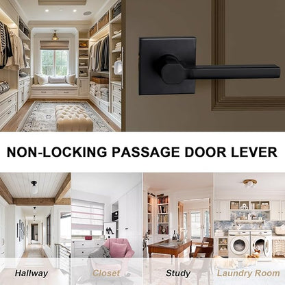 Passage Door Lever (No Lock), Heavy Duty Interior Square Handle for Hallway and Closet, Matte Black, Reversible for Right&Left Handed, 3Packs