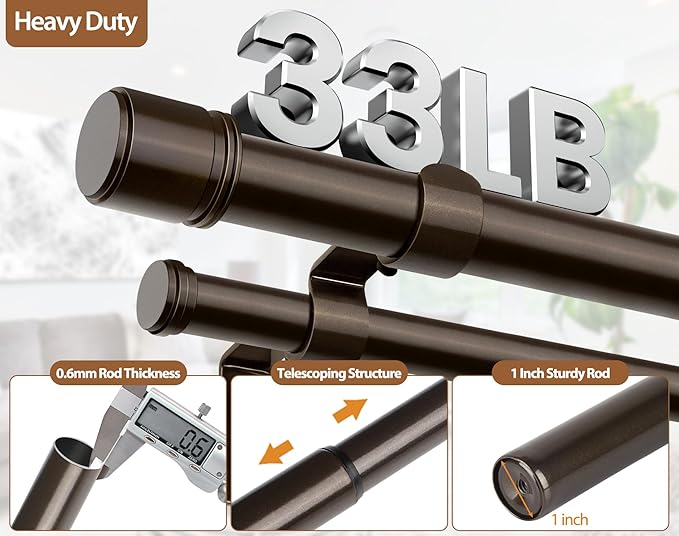 Double Curtain Rod 66 to 120 Inch, HOTOZON 1 Inch Heavy Duty Double Curtain Rods for Windows 54 to 116 Inches(4.5-9.6 ft), Telescoping Drapery Rod with Simple End Finials, Bronze