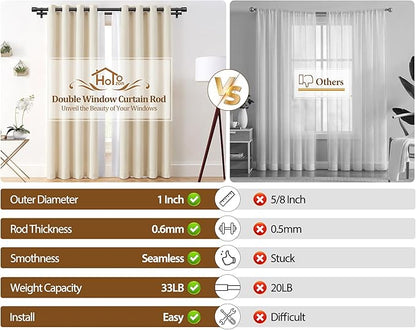 Double Curtain Rod 32 to 86 Inch, HOTOZON 1 Inch Heavy Duty Double Curtain Rods for Windows 20 to 82 Inches(1.7-6.8 ft), Telescoping Drapery Rod with Simple End Finials, Black