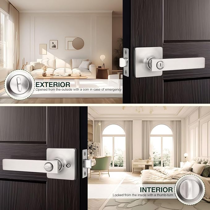 GOBEKOR 3 Pack Privacy Door Levers with Lock - Square Brushed Nickel Lever Door Handles for Bedroom and Bathroom