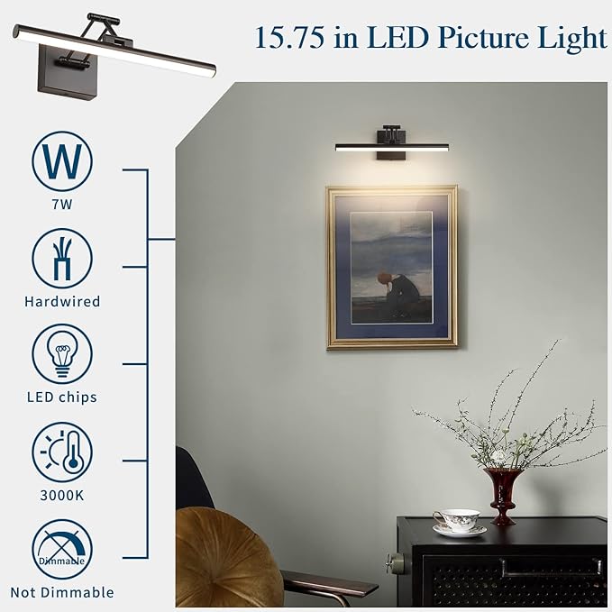 Joossnwell Modern Picture Light Black LED Picture Frame Lights for Paintings Hardwired 110V Gallery Light Artwork Lighting with Adjustable Swing Arm Art Display Lamp 15.5 Inch 7W Warm White