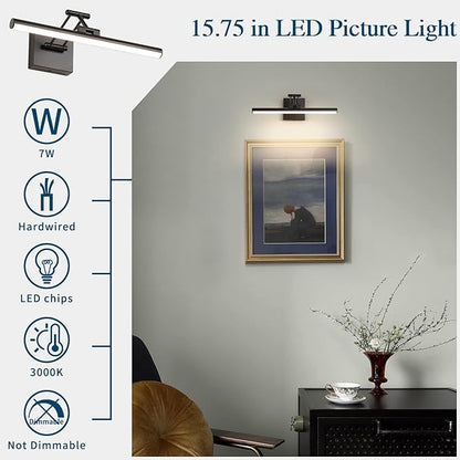 Joossnwell Modern Picture Light Black LED Picture Frame Lights for Paintings Hardwired 110V Gallery Light Artwork Lighting with Adjustable Swing Arm Art Display Lamp 15.5 Inch 7W Warm White