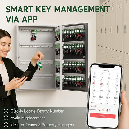 192 Key Cabinet Organizer,Metal Key Lock Box Wall Mount use OTP Technology Unlock,Fixed Password/Bluetooth/OTP Share Half-Remote Unlock,Security Lockbox for Key Management Hook & Storage