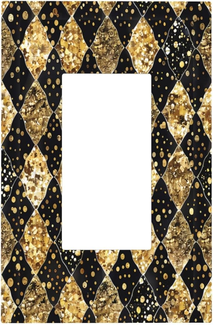 Gold Black Marble Geometric Plaid Glitter Decorative Outlet Covers 1 Gang Single Rocker Light Switch Cover Plate Wall Plates GFCI Faceplate for Bedroom Bathroom Decor