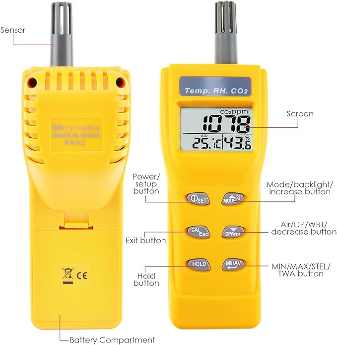 CO2 Meter Portable CO2 Detector Digital CO2 Monitor with Alarm Function Carbon Dioxide Temperature and Humidity Meter, NDIR CO2 Sensor Indoor Air Quality Monitor for Home Office Grow Room