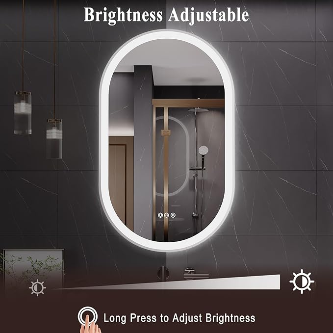 LED Mirror for Bathroom, 24x40 Inch Vanity Mirror with Lights，Anti-Fog Oval Bathroom Mirror, 3 Colors and Stepless Dimmable Wall Mounted Makeup Mirror with Metal Frame (Silver)