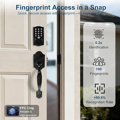 Fingerprint Smart Door Lock, Keyless Door Lock with Handle, Built-in WiFi Keypad Deadbolt Set for Front Door, Waterproof Smart Electronic Deadbolt, App Remote Control, Easy to Install Matte Black