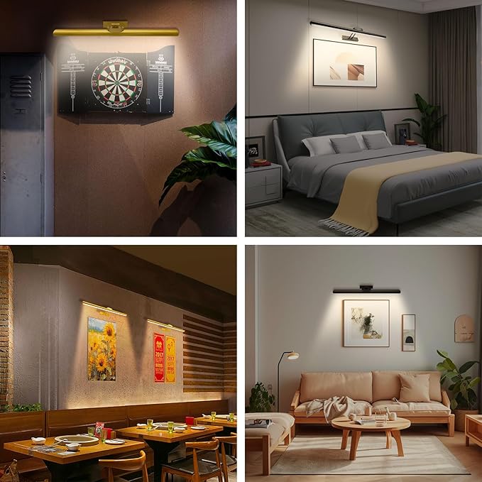 24.4" Wireless Picture Lights, Rechargeable Battery Art Display Light with Remote Control, Dimmable/Timer Off Dartboard Light, 3 Lighting Modes Full Metal Painting Display Lights (Black-2Pack)