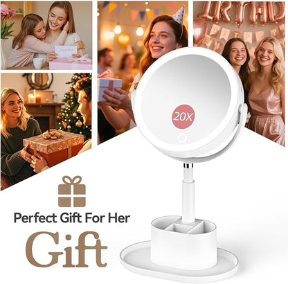 Shinowa Makeup Mirror with Lights, 1X/20X Lighted Magnifying Mirror with Storage for Makeup & Jewelry, 2-Sided Height Adjustable Vanity Mirror with 3 Color Lights, 360° Rotation & Rechargeable, White