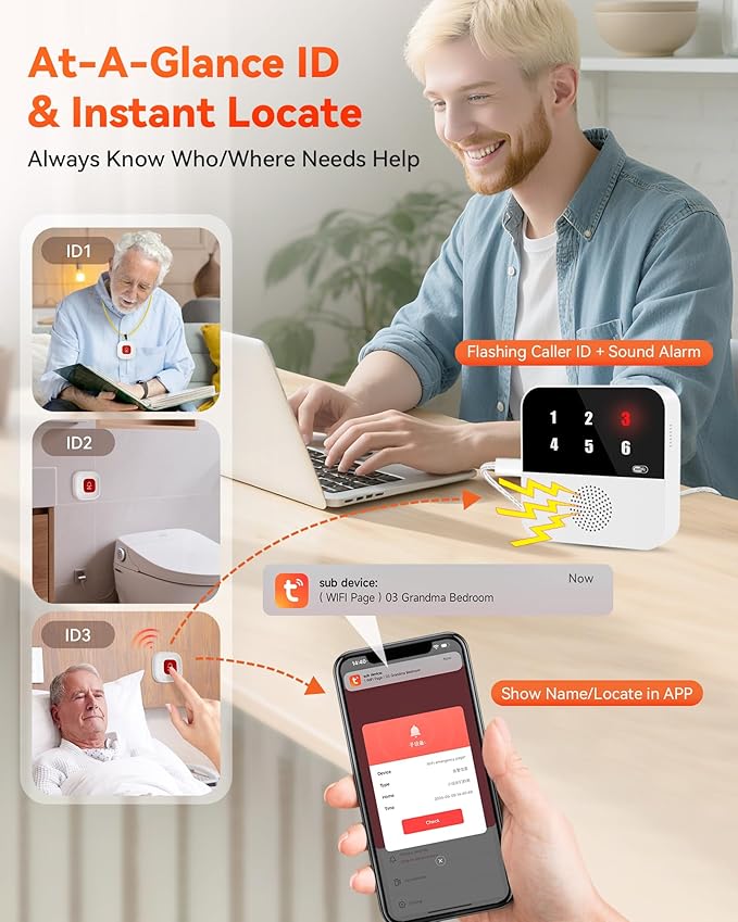 PILSAMSA WiFi Caregiver Pager Wireless Call Button with Flashing Caller ID & App Alerts, 3 Waterproof Panic Button, Life Alert Systems for Seniors No Monthly Fee, Alert Button for Seniors at Home