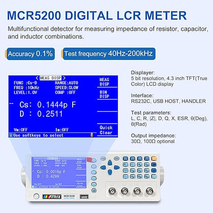 MATRIX MCR5200 Benchtop LCR Meter, 40Hz-200kHz 0.1%, Digital LCR Bridge Measures Inductance/Capacitance/Resistance, USB/RS232C, Calib-Clear, Data Save