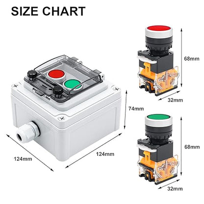 IP67 Button Switch Outdoor Waterproof Box 2 Green and Red Push Button Emergency Button with Protective Cover Anti-misoperation Switch(AC/DC 6A-110V/3A-240V/2.5A-380V)