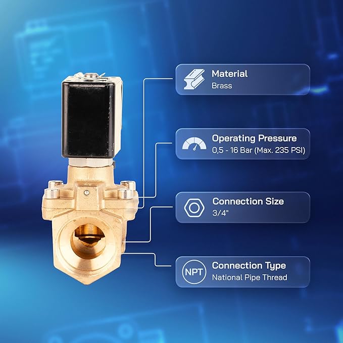 UNOX 3/4" NPT Solenoid Valve 110V AC, Brass Control Valve Normally Closed - 7-232 PSI Multi-Purpose Reliable Control Valve for Water and Air - Solenoid Valves