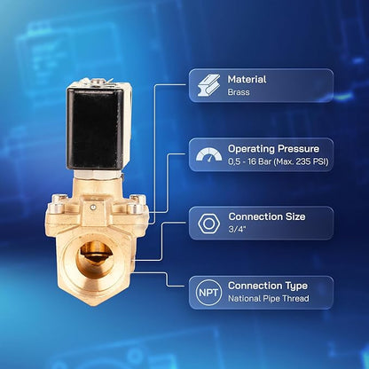 UNOX 3/4" NPT Solenoid Valve 220V AC, Brass Control Valve Normally Closed - 7-232 PSI Multi-Purpose Reliable Control Valve for Water, Air, and Gas - Solenoid Valves