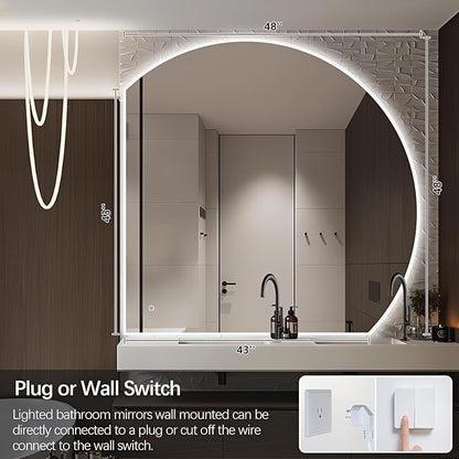 Niccy Half Moon LED Mirror for Bathroom, 28" Backlit + Front Lit Lighted Semi Round Makeup Mirrors for Wall, Anti-Fog, Dimmable 3-Colors, Memory Function, Shatterproof Smart Vanity Mirror