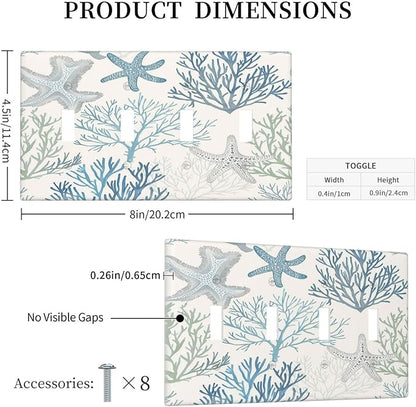 Light Switch Covers Ocean Beach Theme Starfish Seashell Coral Quad Toggle Electrical Faceplate 4 Gang Wall Plate Decorative Switch Plates For Bathroom Kids Room Decor