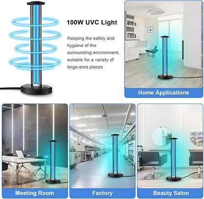 Qualirey 100W UV & Ozone Sanitizer with UV Light Glasses, High Power Room Disinfection Light with 3 Level Timer & Remote, Whole Room Disinfection for Large Spaces, Offices & Basements