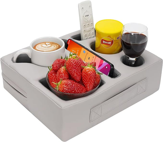 G GOOD GAIN Couch Cup Holder Pillow-Sofa Cup Holder Cozy Buddy | Bed Drink Caddy Holds Tablet, Remote, Snacks | Waterproof Anti-Spill Sofa Beverage Tray for Car, Beach, Picnic, Boat, RV(Light PUGrey)