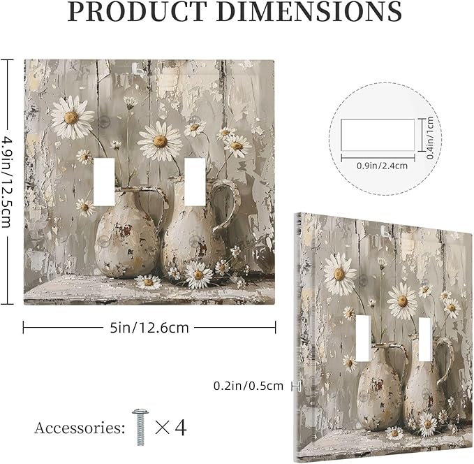 Decorative Switch Plates Vintage Rustic Floral White Daisy Flower Oil Painting Style 2 Gang Double Toggle Outlet Light Switch Cover Wall Plate Electrical Faceplate for Home Farmhouse Decor