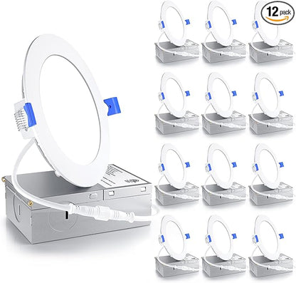 Ensenior 12 Pack 4 Inch LED Recessed Ceiling Light, Dimmable, 4000K Cool White, 750LM 9W 120V, High Brightness Canless Wafer Downlight - ETL&FCC&IC