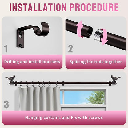 Curtain Rods for Window 36 to 144 Inches Vintage Bronze Curtain Rod with Bird Finials Adjustable Drapery Rod Heavy Duty Curtains Rods for Living Room Kitchen Window
