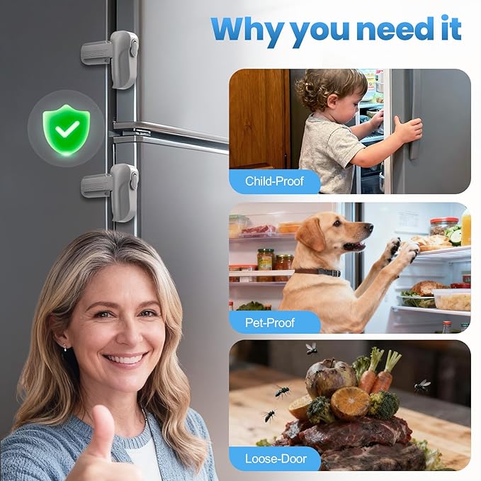 2 Pack Dual Mode Fridge Locks, Upgraded Child Proof Refrigerator Lock with Sticky Adhensive Pads, Durable ABS Freezer Door Latch to Keep Door Closed, No Tools Need or Drill (Grey)
