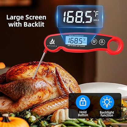 Aurasky Instant-Read Meat Thermometer Digital for Cooking and Grilling, Waterproof Food Thermometer with Backlight, Calibration & Hold Function for Kitchen, BBQ, Deep Fry, Candy, Liquid (Red)