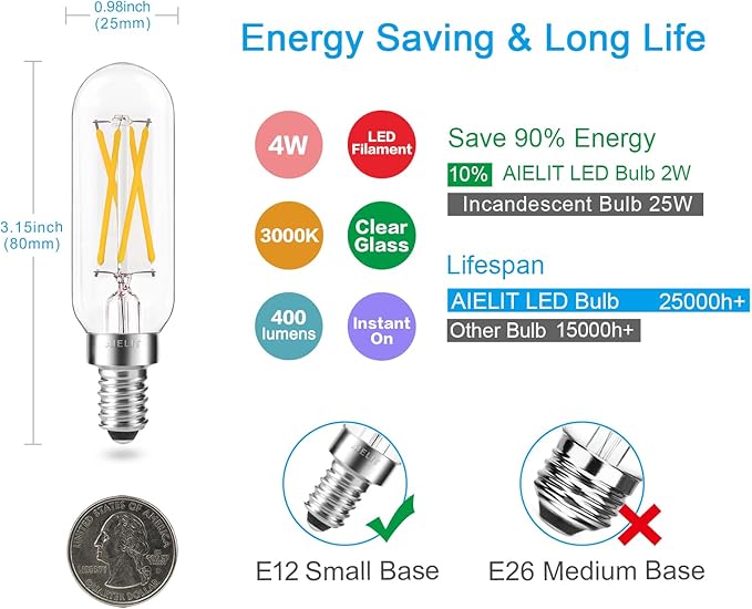 T8 4-Watt E12 LED Light Bulb, Dimmable (0-100%), Soft White 3000K, Clear Tubular Candelabra Light Bulbs 40W Equivalent for Sputnik Chandeliers, Glass Mason Jars, Hanging Pendant Lamp,4-Pack