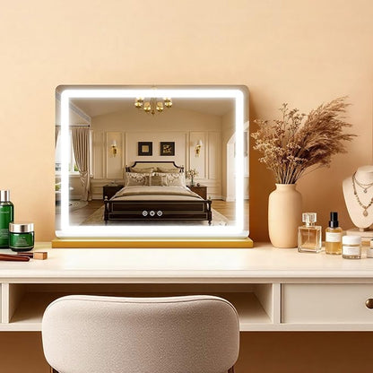ROLOVE Vanity Mirror with Lights 23x18 Inch, Gold Lighted Makeup Mirror, 3 Color Modes, Smart Touch Dimming, Large Vanity Mirror for Desk, Bathroom, Wall