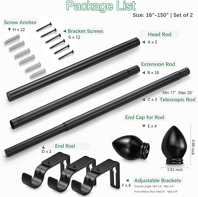 Curtain Rods for Windows 16 to 150 inches, Curtain Rod Max Adjustable Length to 158 in, Drapery Rod 1 inch Diameter with Modern Knobs Finials (Black, 16" to 150" - Set of 2)