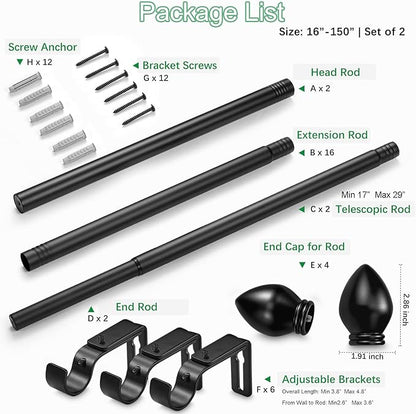 Curtain Rods for Windows 16 to 150 inches, Curtain Rod Max Adjustable Length to 158 in, Drapery Rod 1 inch Diameter with Modern Knobs Finials (Black, 16" to 150" - Set of 2)