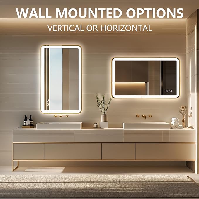 40"x24" Lighted Vanity Mirror with Lights, Gold Metal Frame Led Mirror for Bathroom, Anti-Fog Wall Mirror with Front and Backlit, Shatterproof, 3 Colors Stepless Dimmable, Horizontal/Vertical