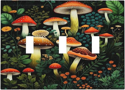 Decorative Light Switch Plate Covers Boho Red Mushroom Green Leaf Plants Floral 3 Gang Wall Plate Switch Cover Plate Triple Toggle Jumbo Electrical Faceplate for Bedroom Home Decor