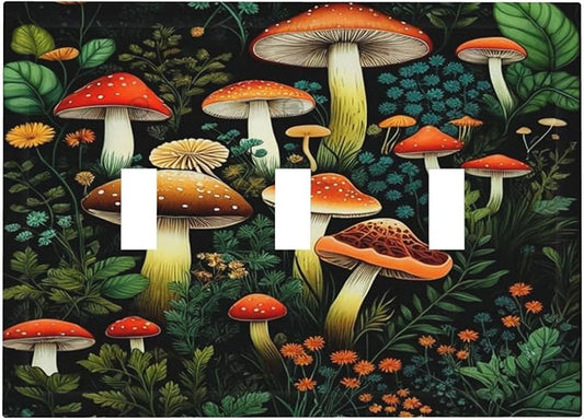 Decorative Light Switch Plate Covers Boho Red Mushroom Green Leaf Plants Floral 3 Gang Wall Plate Switch Cover Plate Triple Toggle Jumbo Electrical Faceplate for Bedroom Home Decor