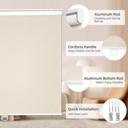 ChrisDowa Cordless Blackout Roller Shades for Windows, Thermal Insulated UV Protection Pull Down Shades, Total Blackout Window Blinds for Home, Office, Bedroom, Door (66" W x 72" H, Beige)