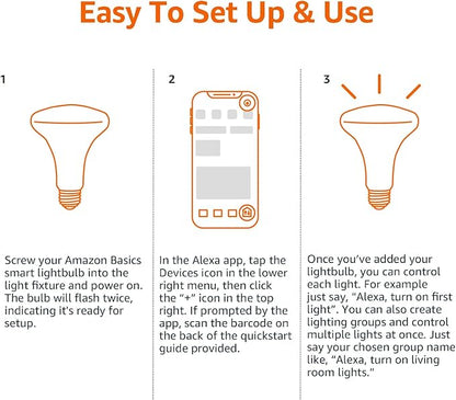 Amazon Basics Smart BR30 LED Light Bulb, Dimmable Soft White (2700K), 9W (60W Equivalent), 800LM, Works with Alexa Only, 2.4 GHz Wi-Fi, No Hub Required, 4 Pack