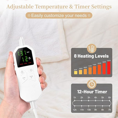 Electric Heated Blanket Twin 62" x 84", Soft Plush Flannel & Sherpa Electric Blanket with 8 Heat Settings, 1-12H Auto-Off, Fast & Even Heating, Machine Washable, Ideal for Home & Office, Beige