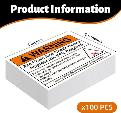 100 Pcs Warning Arc Flash and Shock Hazard Label - 5 x 3.5 Warning Safety Appropriate PPE Required Signs for Electrical Workplace