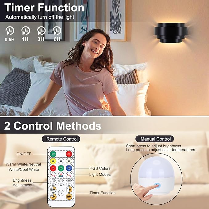 Lightess Rechargeable Wall Sconces with Remote Control, Cordless Wall Light Battery Operated Dimmable, Black Light Fixture for Living Room Bedroom, 16 RGB Colors, Bulb Included